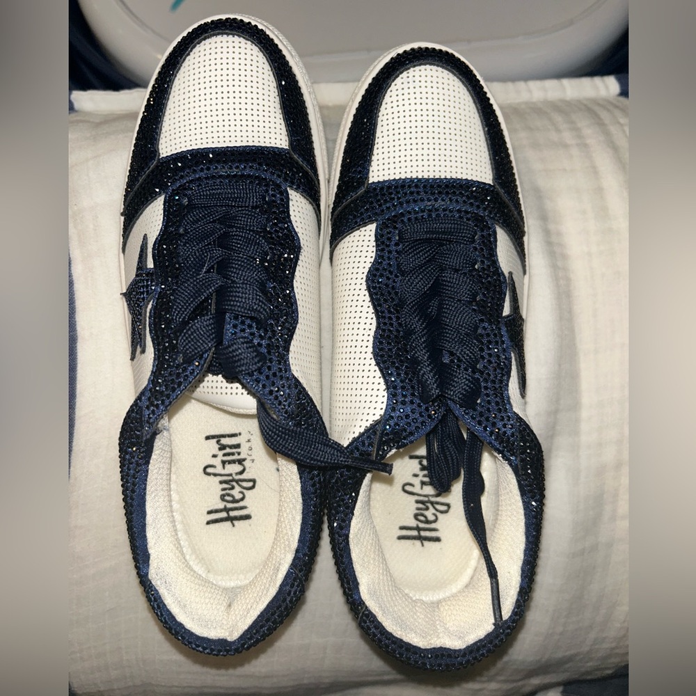 Navy and White Rhinestone Women's Hey Girl Sneakers